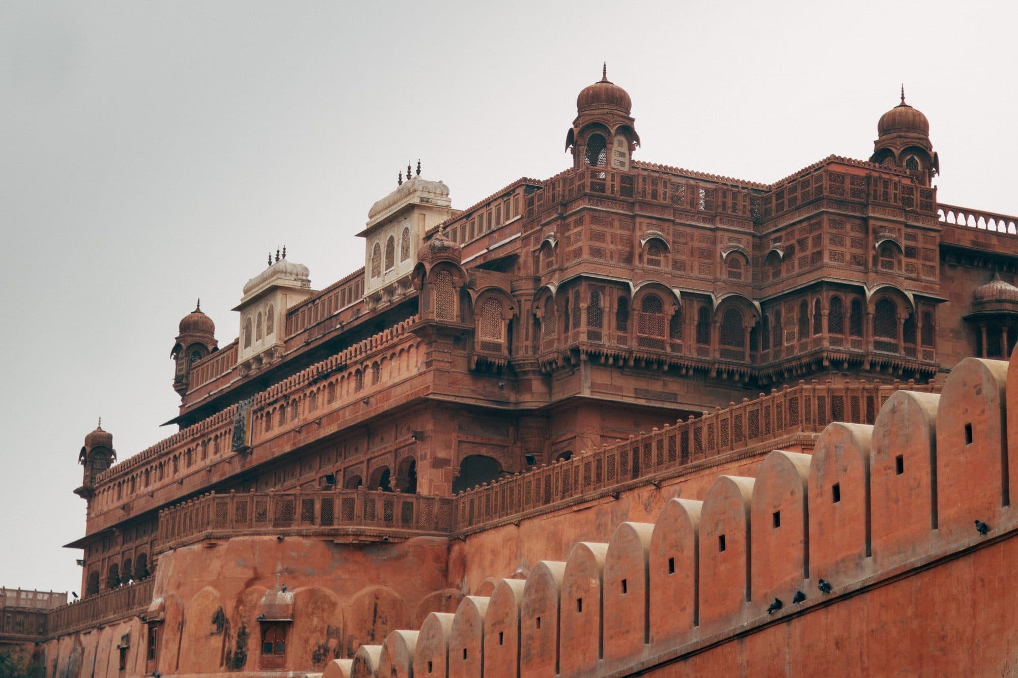 Low-angle view of Junagarh Fort's red sandstone palace in Bikaner, with carved jharokha balconies and domed towers rising above the crenellated outer wall